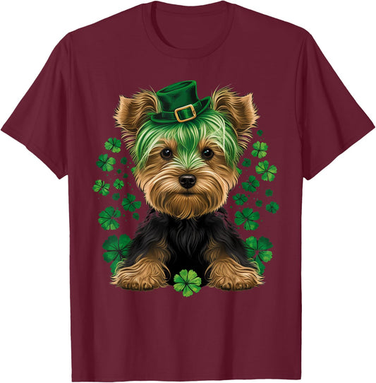 Green Yorkie shamrock on St Patricks Day Yorkshire Terrier T-Shirt - T-Shirt | Maroon