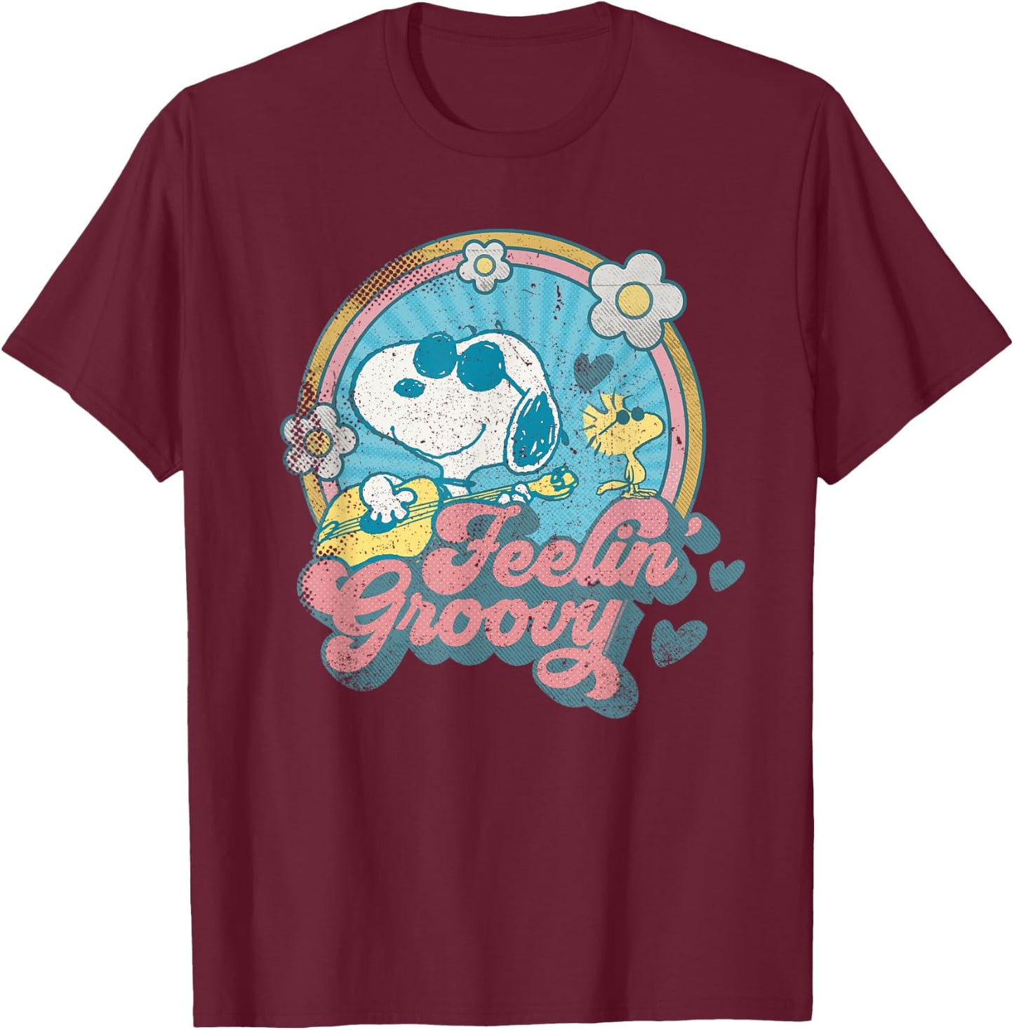 Peanuts Groovy Vibes Snoopy Woodstock Feeling Retro Festival T-Shirt - T-Shirt | Maroon