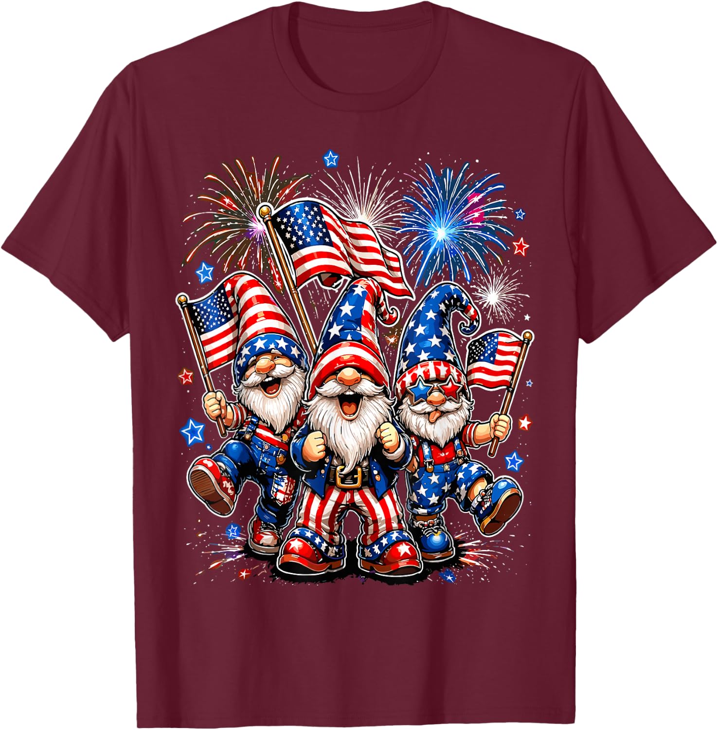 4th of July Gnomes American Flag T-Shirt - T-Shirt | Maroon