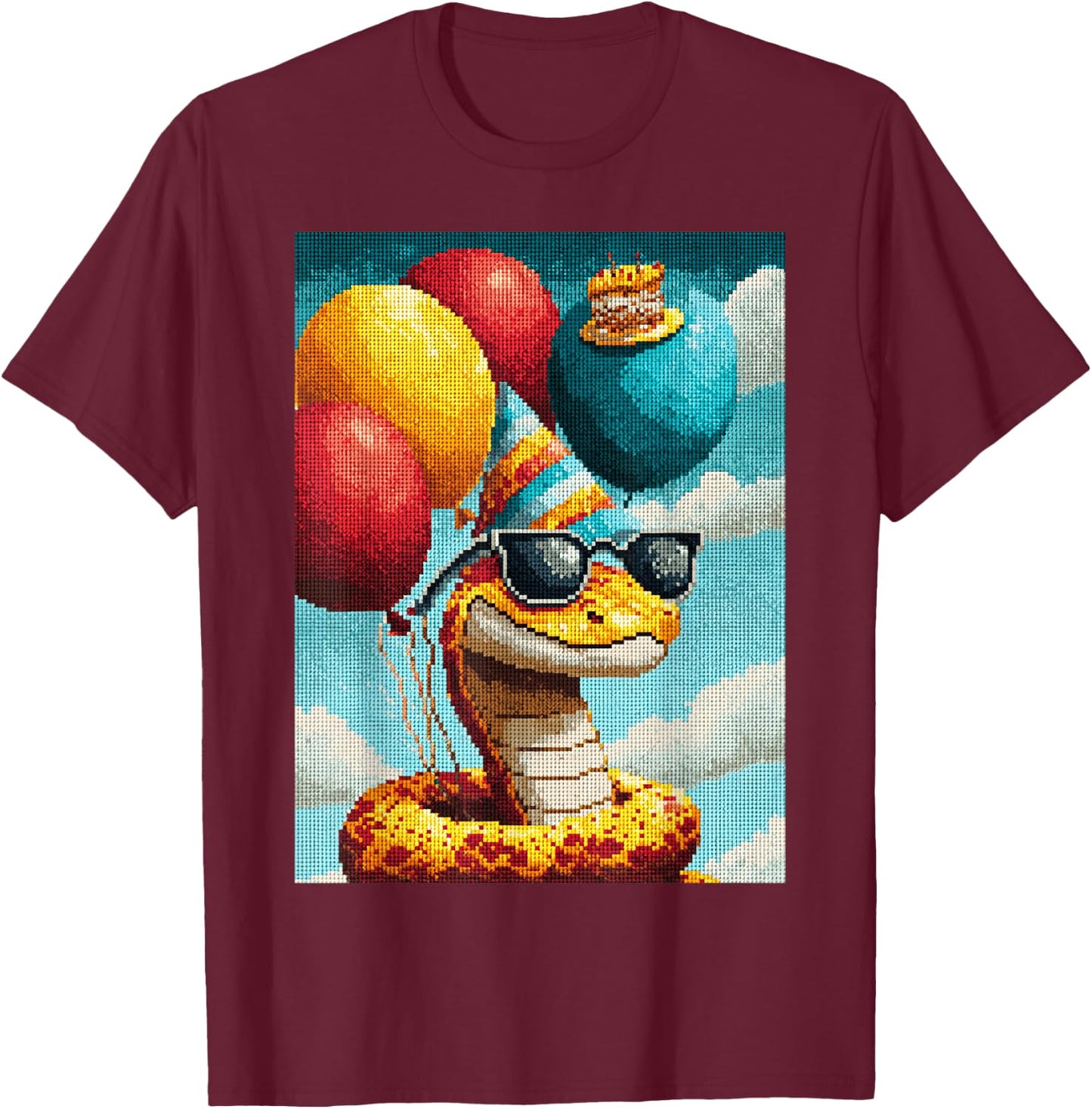 Retro Snake Birthday Party Balloons & Cake Pixel Animal T-Shirt - T-Shirt | Maroon