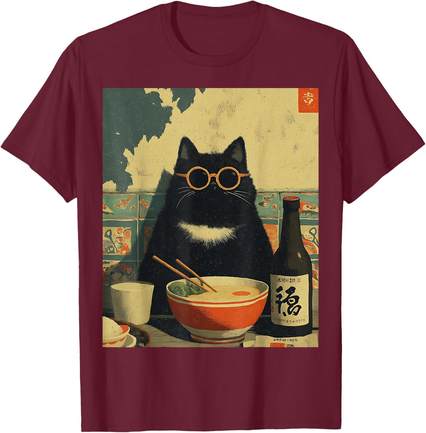 Vintage Japanische Katze Ramen Katze Papa Retro Lustige Grafik Frauen T-Shirt - T-Shirt | Maroon