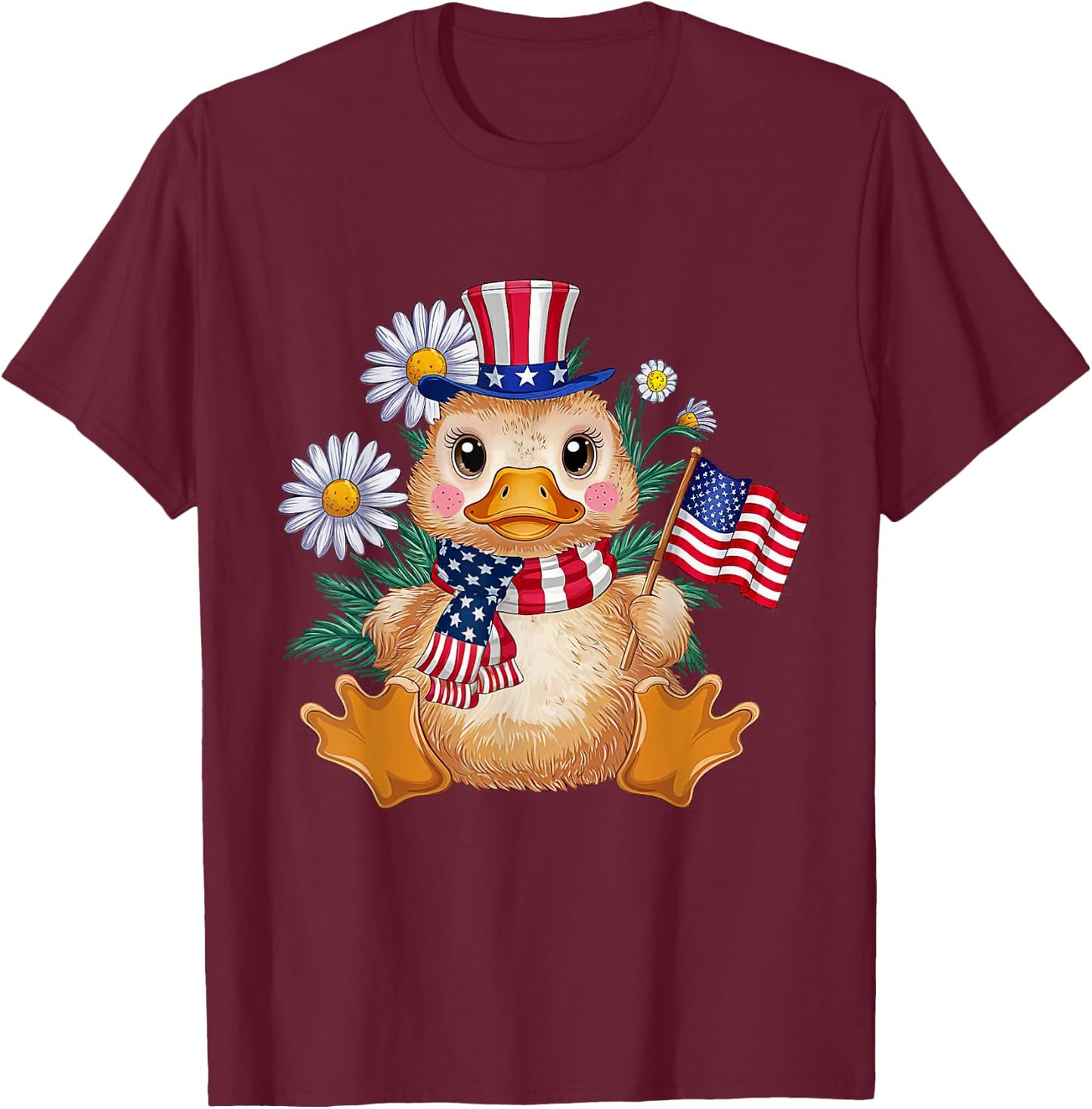 Cute Duck Florals 4th of July Boy Girl Patriotic Ducks Lover T-Shirt - T-Shirt | Maroon