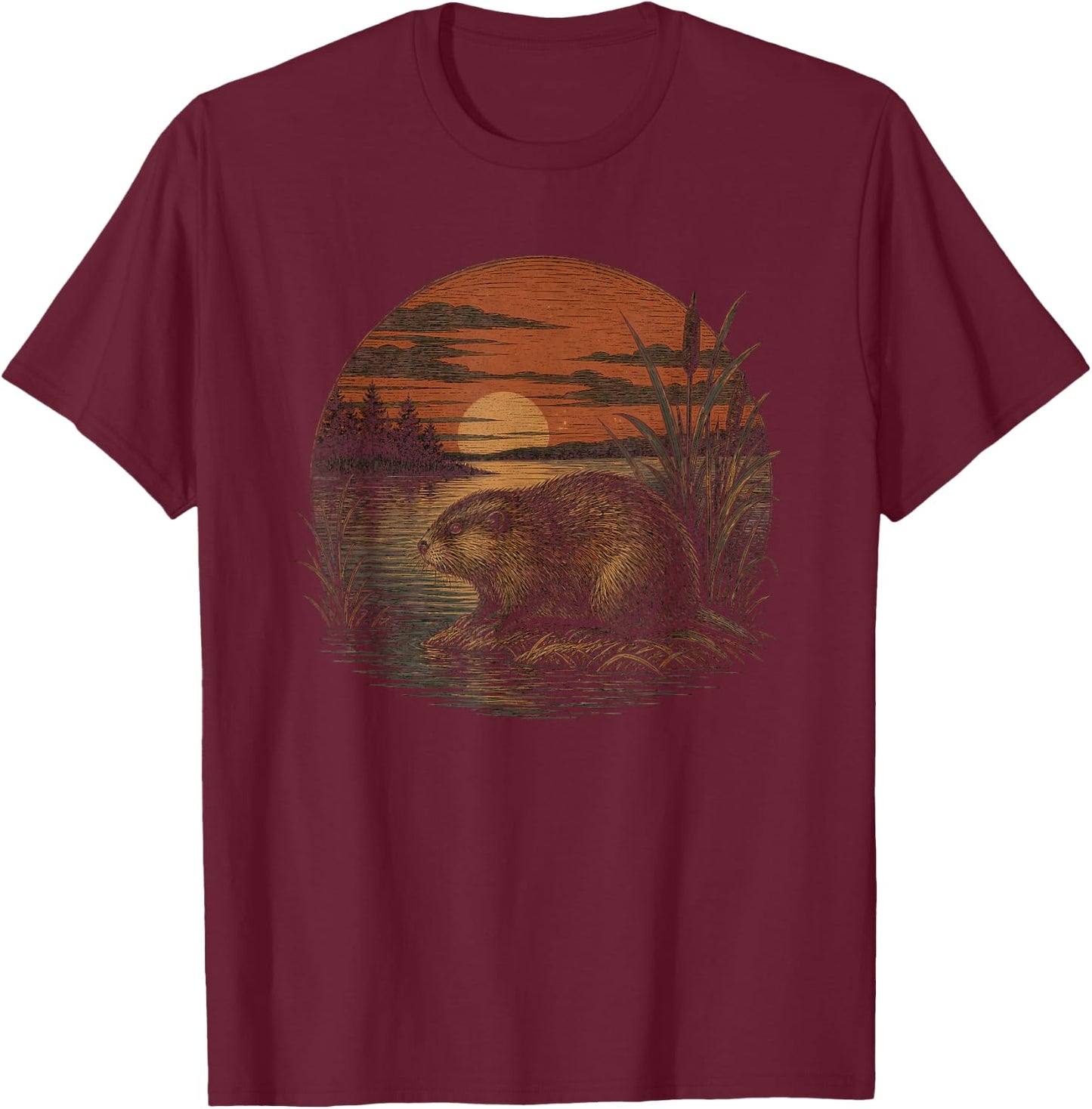 Retro Muskrat Graphic Artwork Design T-Shirt - T-Shirt | Maroon