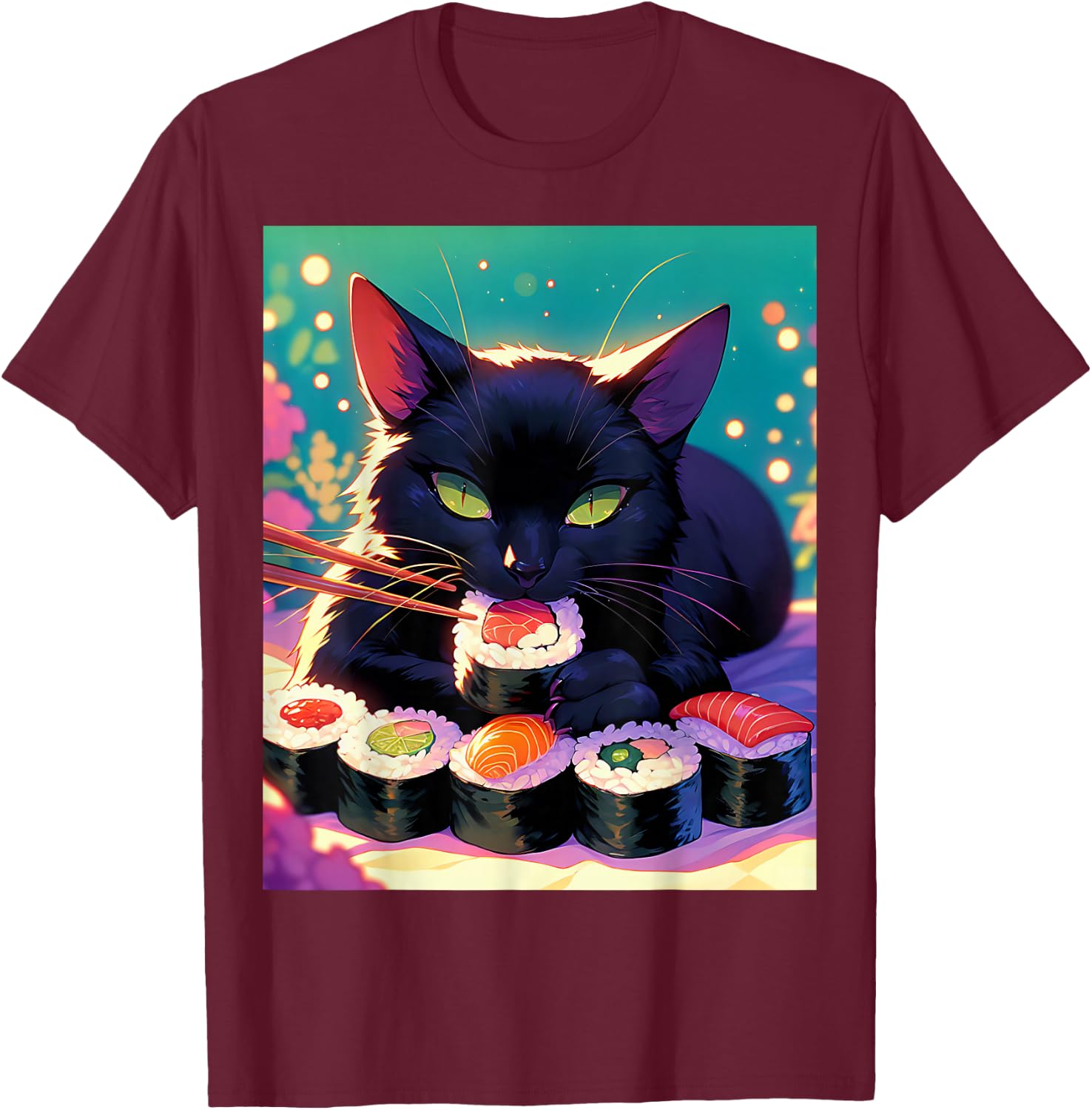 Black Cat Eating Sushi Anime Funny Cat Gifts Men Women Kids T-Shirt - T-Shirt | Maroon