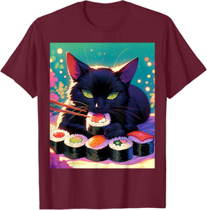 Black Cat Eating Sushi Anime Funny Cat Gifts Men Women Kids T-Shirt - T-Shirt | Maroon