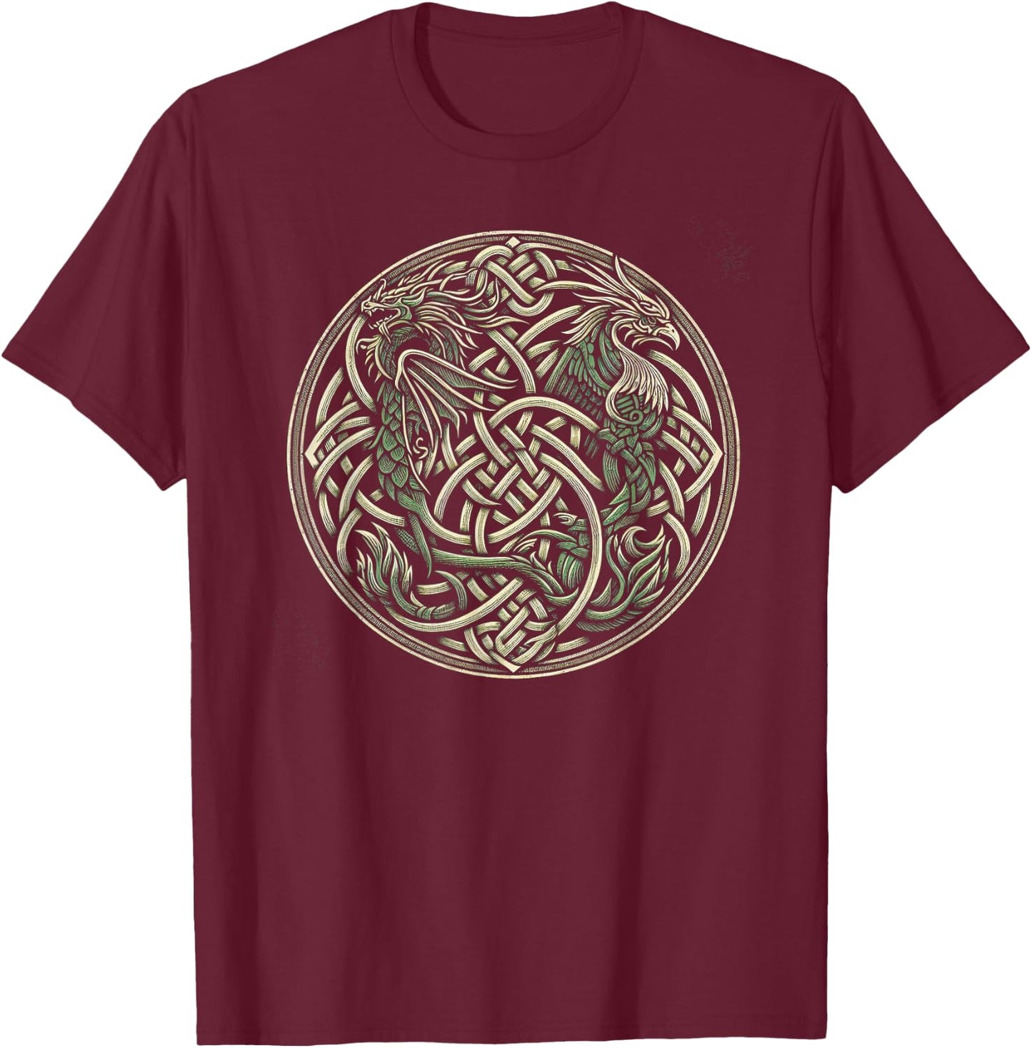 Intricate Celtic Knot with Dragon and Phoenix T-Shirt - T-Shirt | Maroon