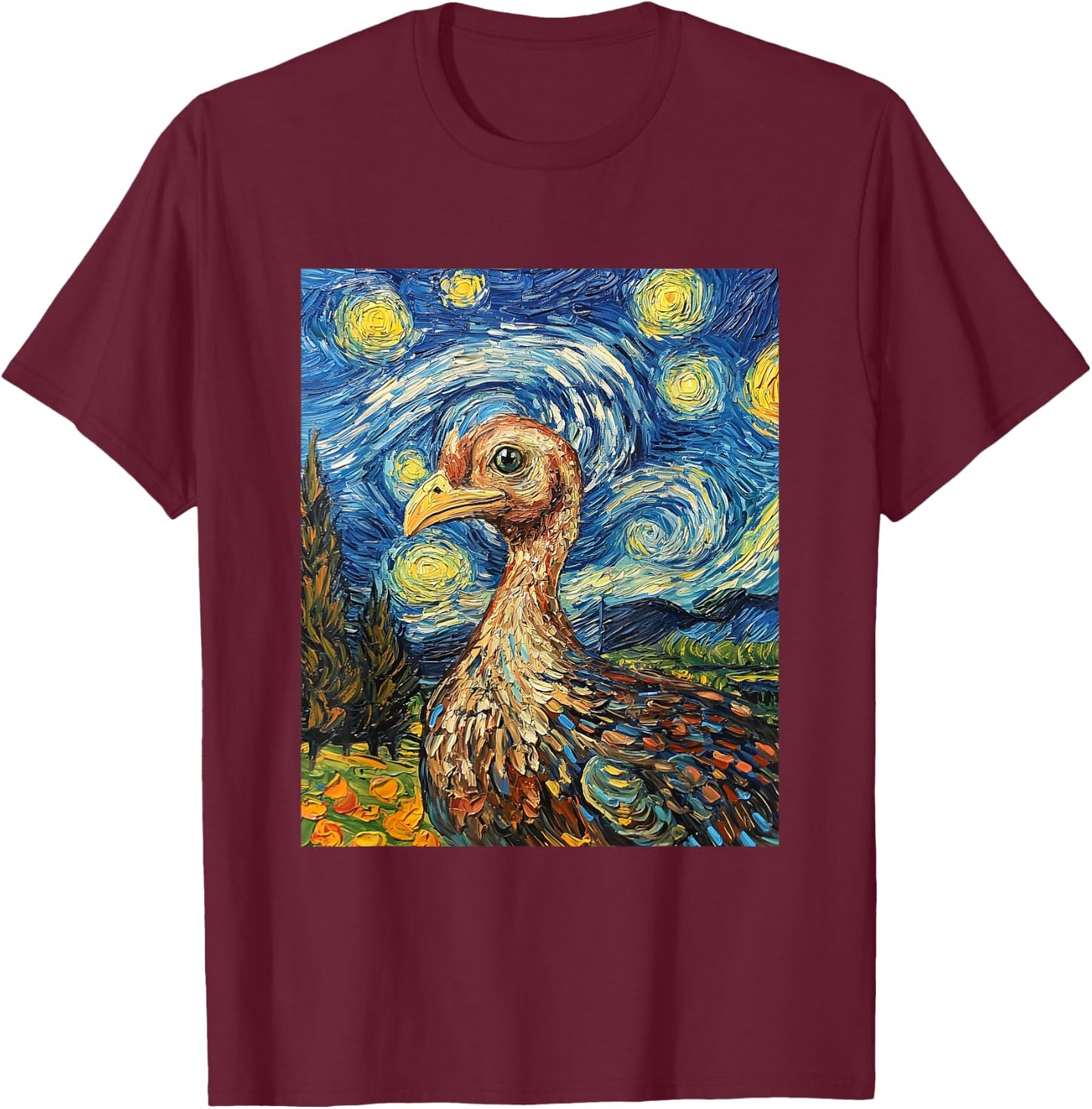Funny Turkey Thanksgiving Van Gogh Style Starry Night T-Shirt - T-Shirt | Maroon