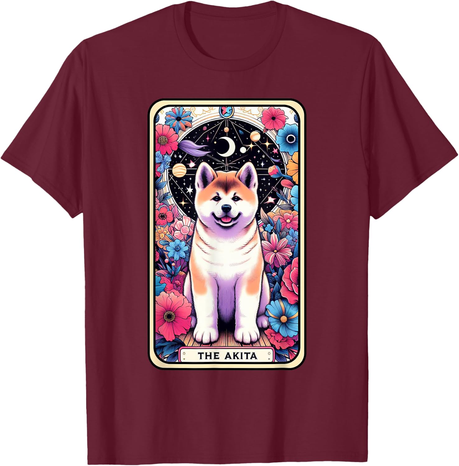 Akita Carte de tarot pour chien Motif étoile et lune T-Shirt - T-Shirt | Maroon