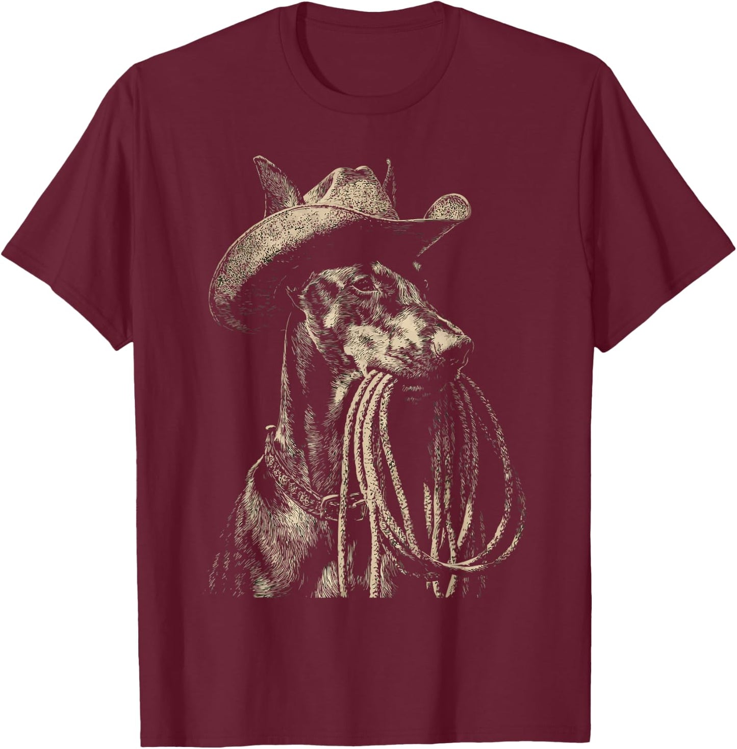Rustic Doberman with Cowboy Hat Lasso Western Dog Rodeo T-Shirt - T-Shirt | Maroon