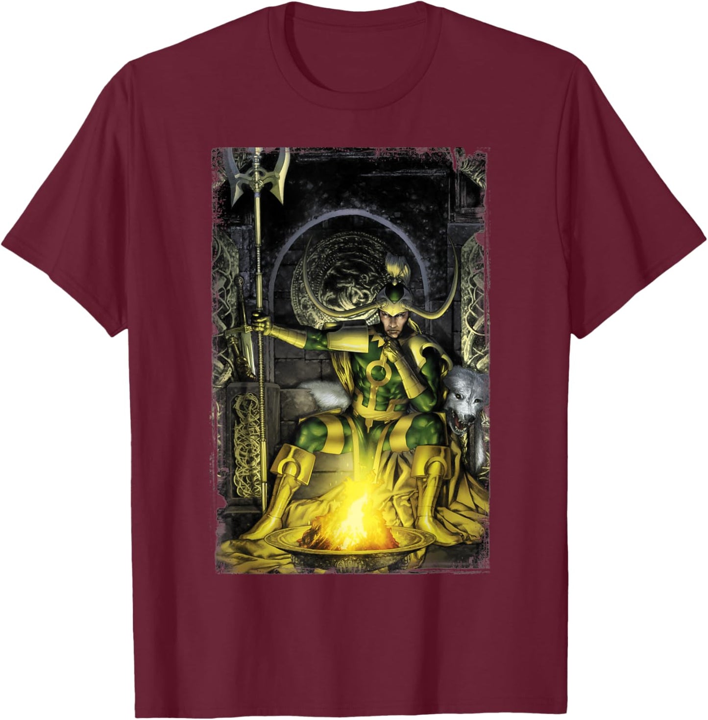 Marvel Fenris Loki On His Throne Bonfire Graphic T-Shirt - T-Shirt | Maroon