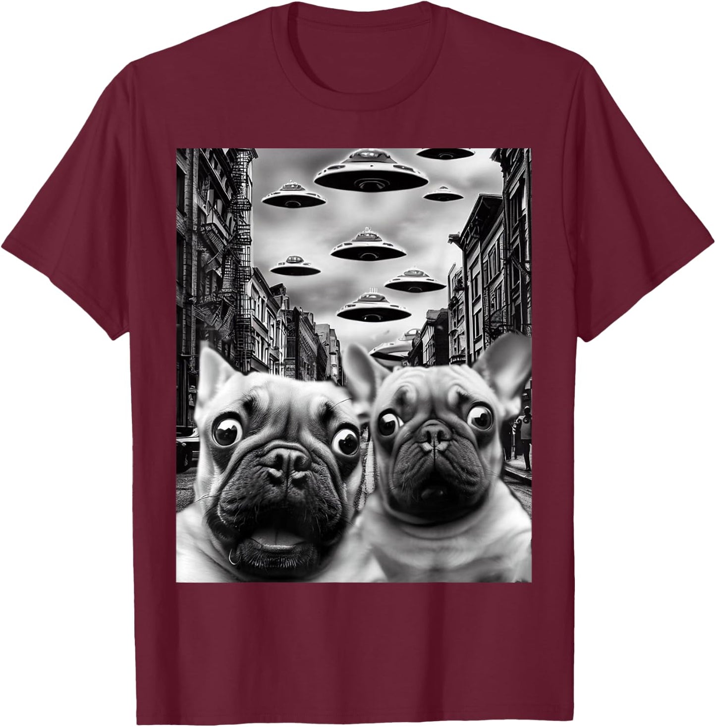 Frenchie UFO Selfie - Funny French Bulldog Alien Gift T-Shirt - T-Shirt | Maroon