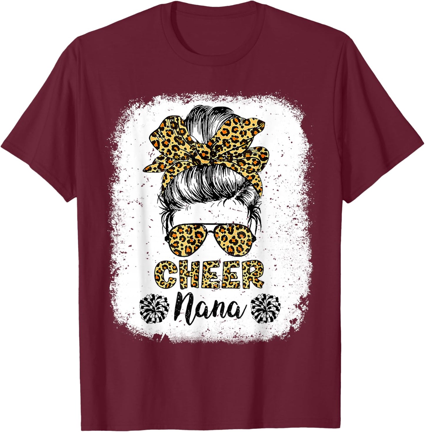 Cheer Nana Leopard Messy Bun Cheerleader Bleached T-Shirt - T-Shirt | Maroon