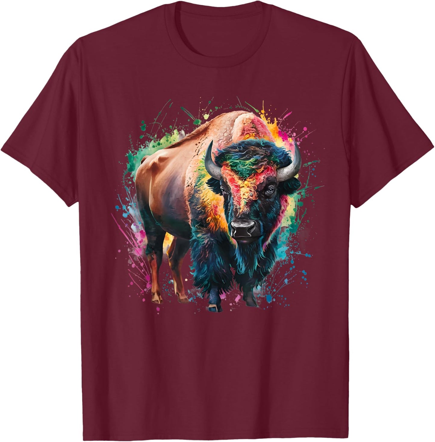 Bison Men's Women's Colourful Watercolour Bison T-Shirt - T-Shirt | Maroon