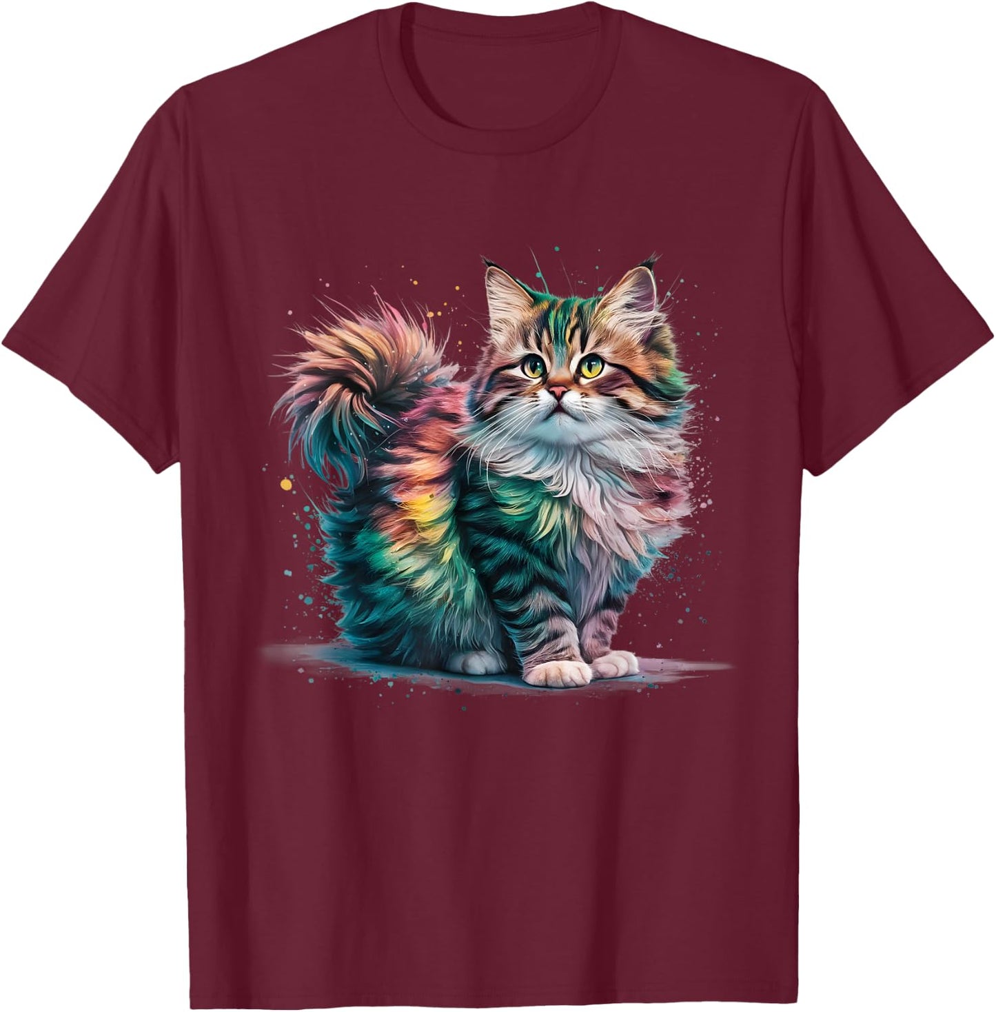 Cat Men Women Colourful Watercolour Cat T-Shirt - T-Shirt | Maroon