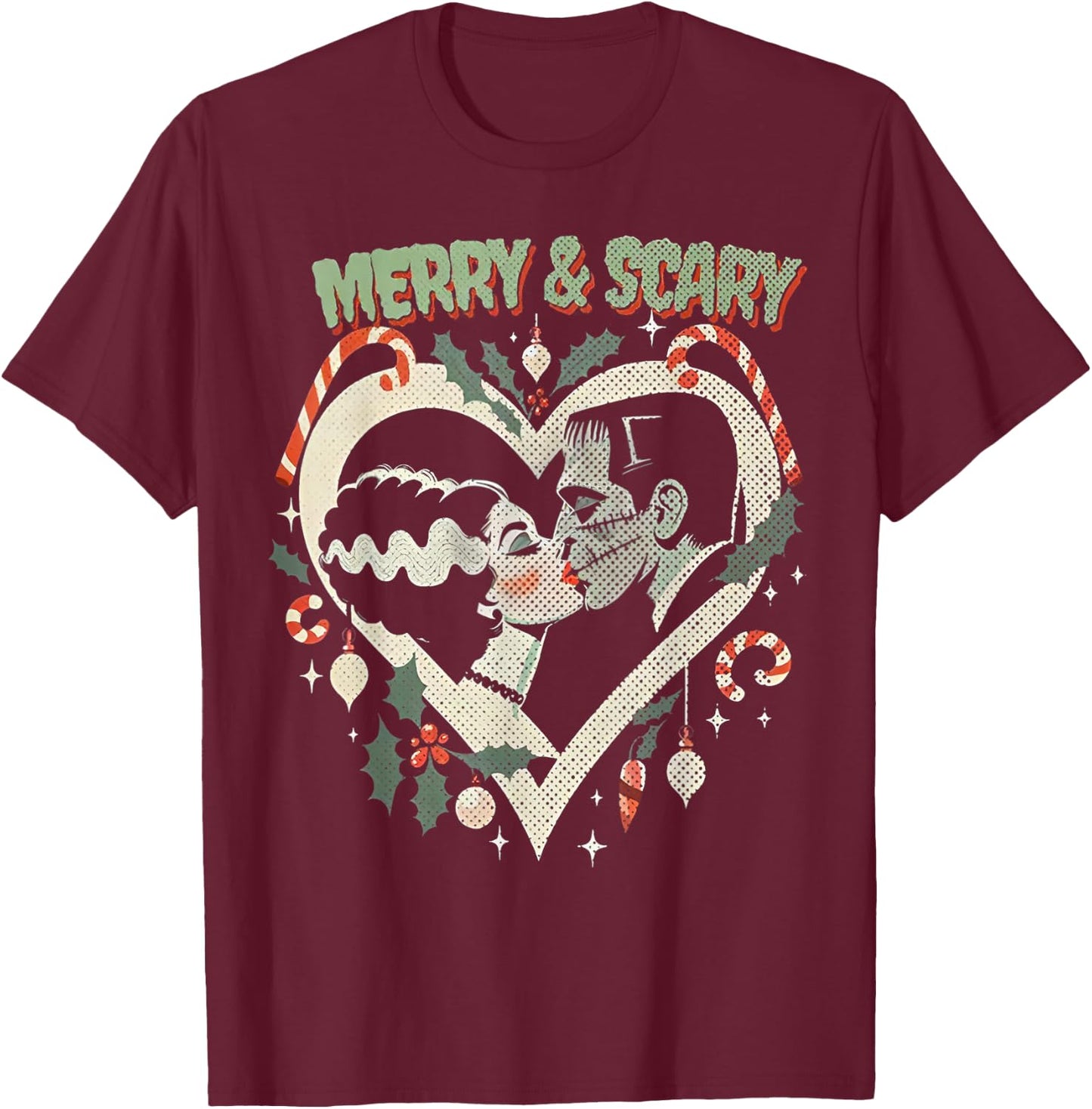 Merry & Scary Frankie & Liz Christmas T-Shirt - T-Shirt | Maroon