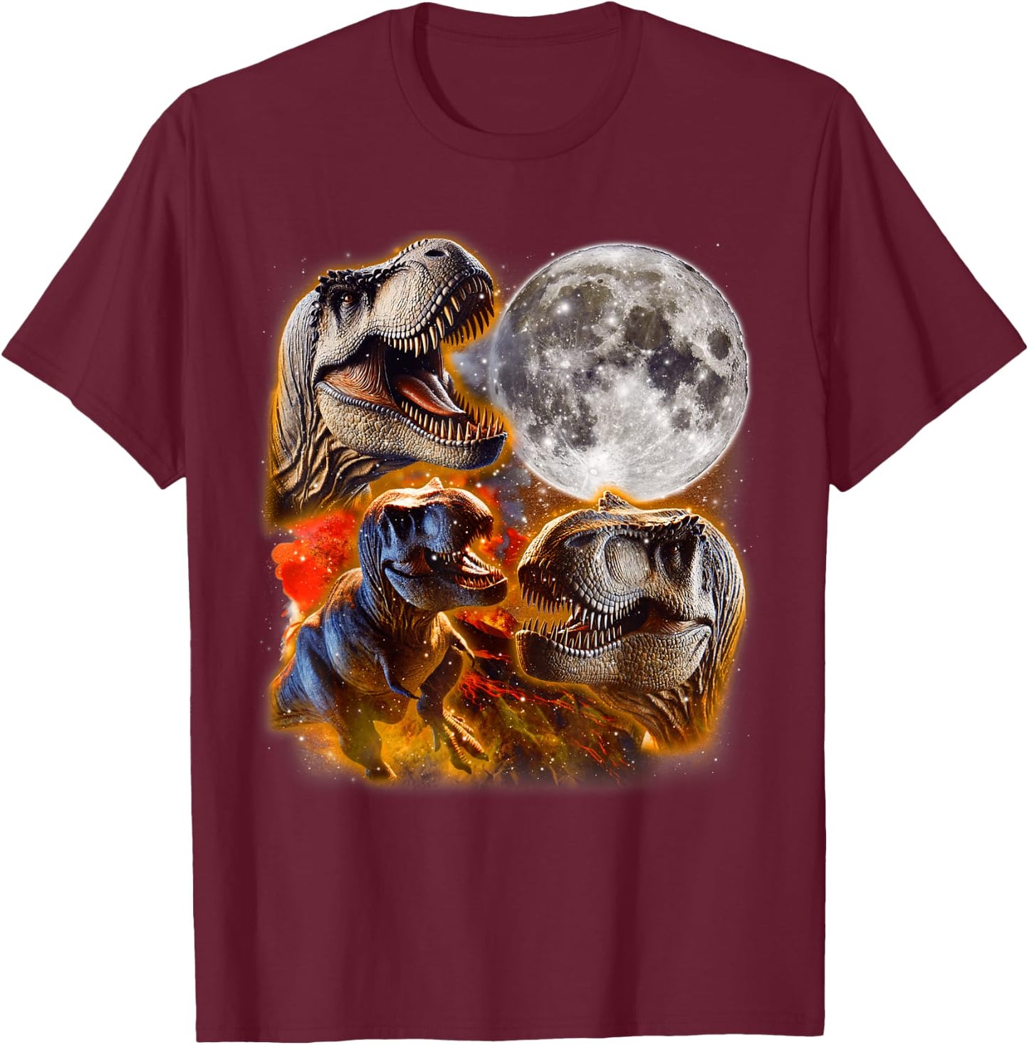 Three T-Rex Dinosaurs Howling At Moon 3 Wolves Parody T-Shirt - T-Shirt | Maroon