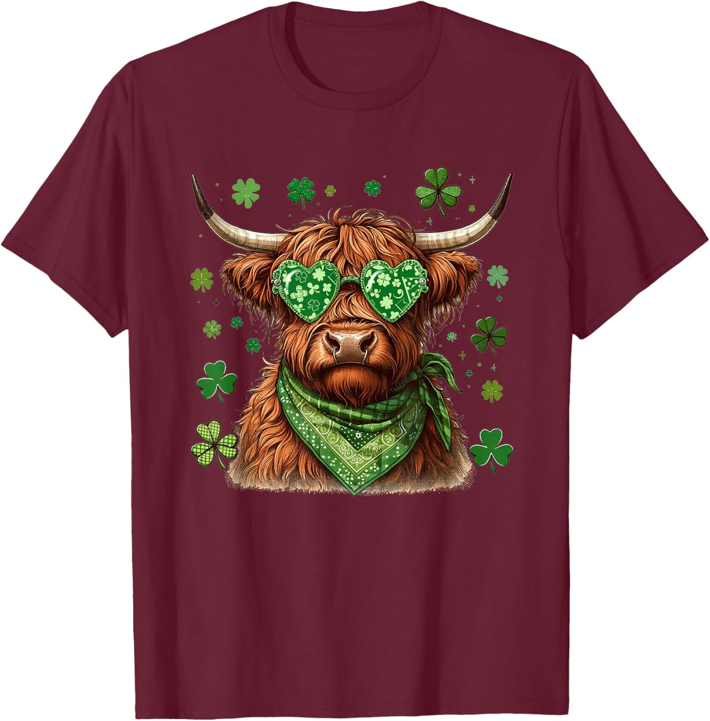 BUTLERTEES Women's St. Patrick's Day Highland Cow Shamrock (Black, Standard Length, Cotton) T-Shirt - T-Shirt | Maroon