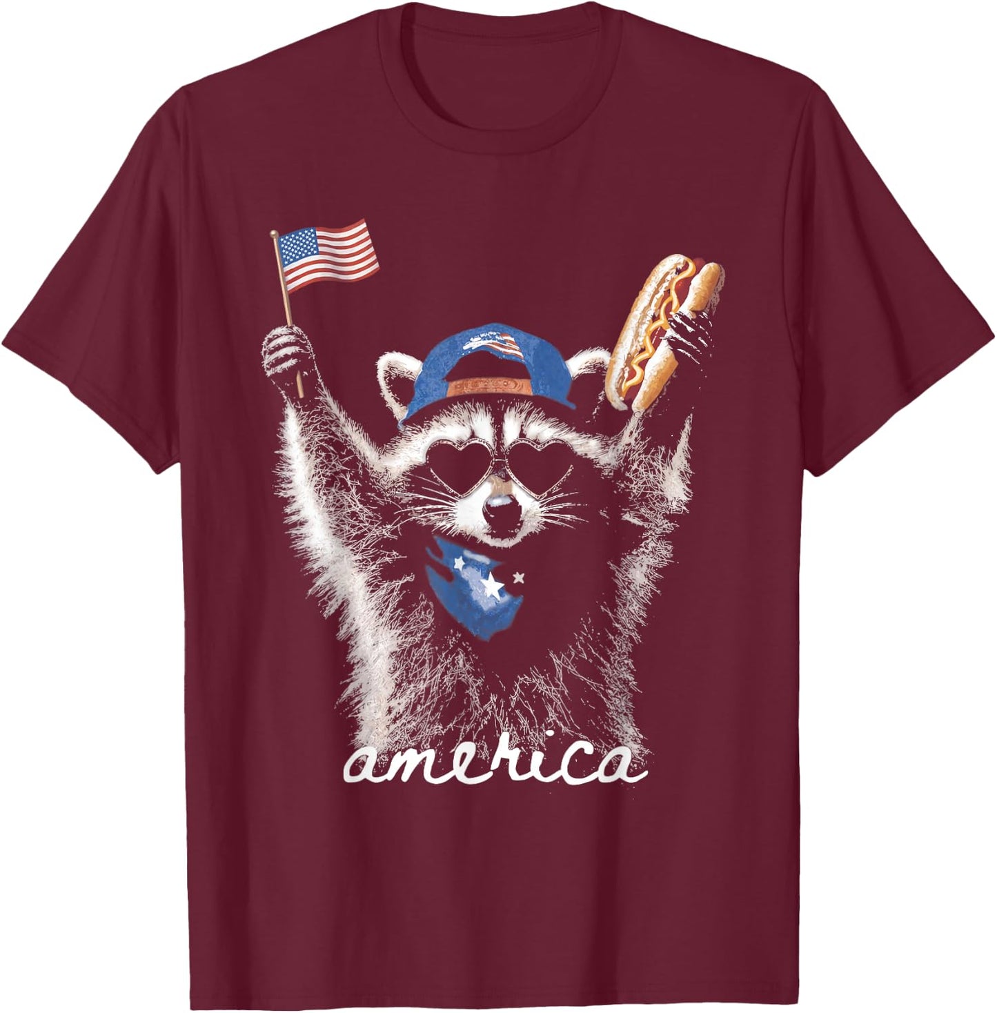 Retro Funny America Raccoon Hot Dog Lovers Patriotic US Flag T-Shirt - T-Shirt | Maroon