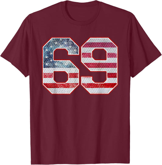Jersey Player Number 69 Personalized Sports American Flag T-Shirt - T-Shirt | Maroon