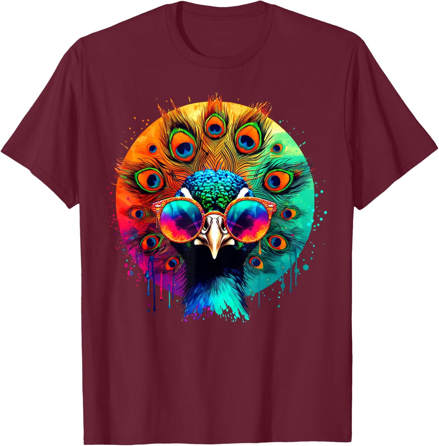 Cool Tie Dye Peacock Sunglasses Bird Illustration Art T-Shirt - T-Shirt | Maroon