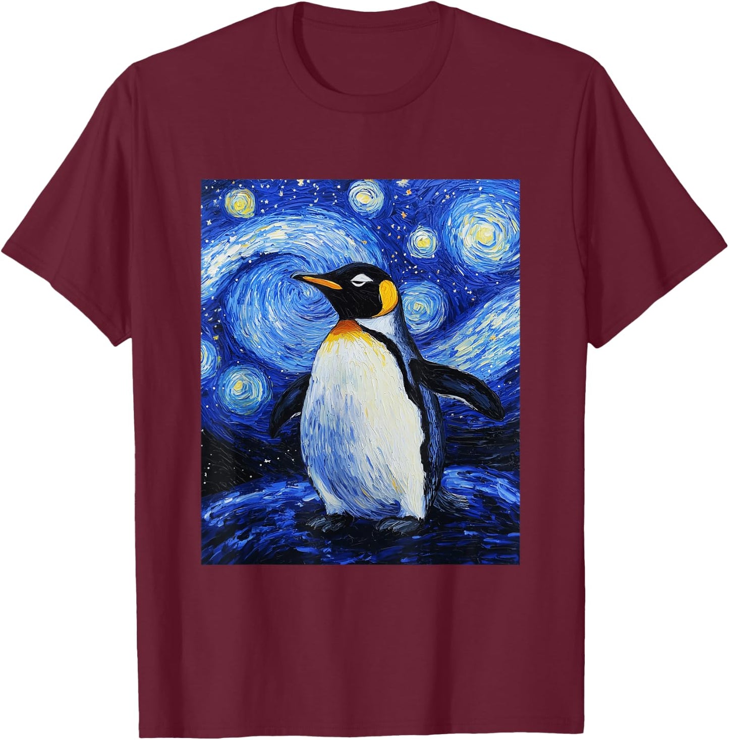 Penguin Bird Van Gogh Style Starry Night funny Graphic T-Shirt - T-Shirt | Maroon