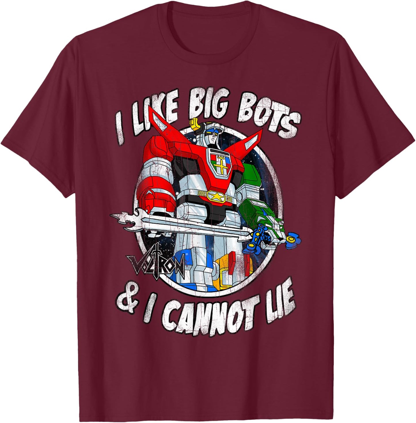 Voltron Retro Defender I Like Big Bots Distressed T-Shirt - T-Shirt | Maroon