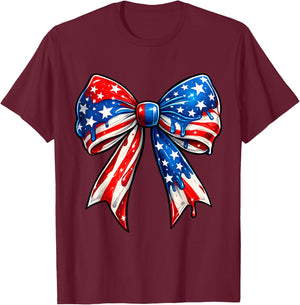Cute Coquette Bow American Flag Patriotic Fourth of July T-Shirt - T-Shirt | Maroon