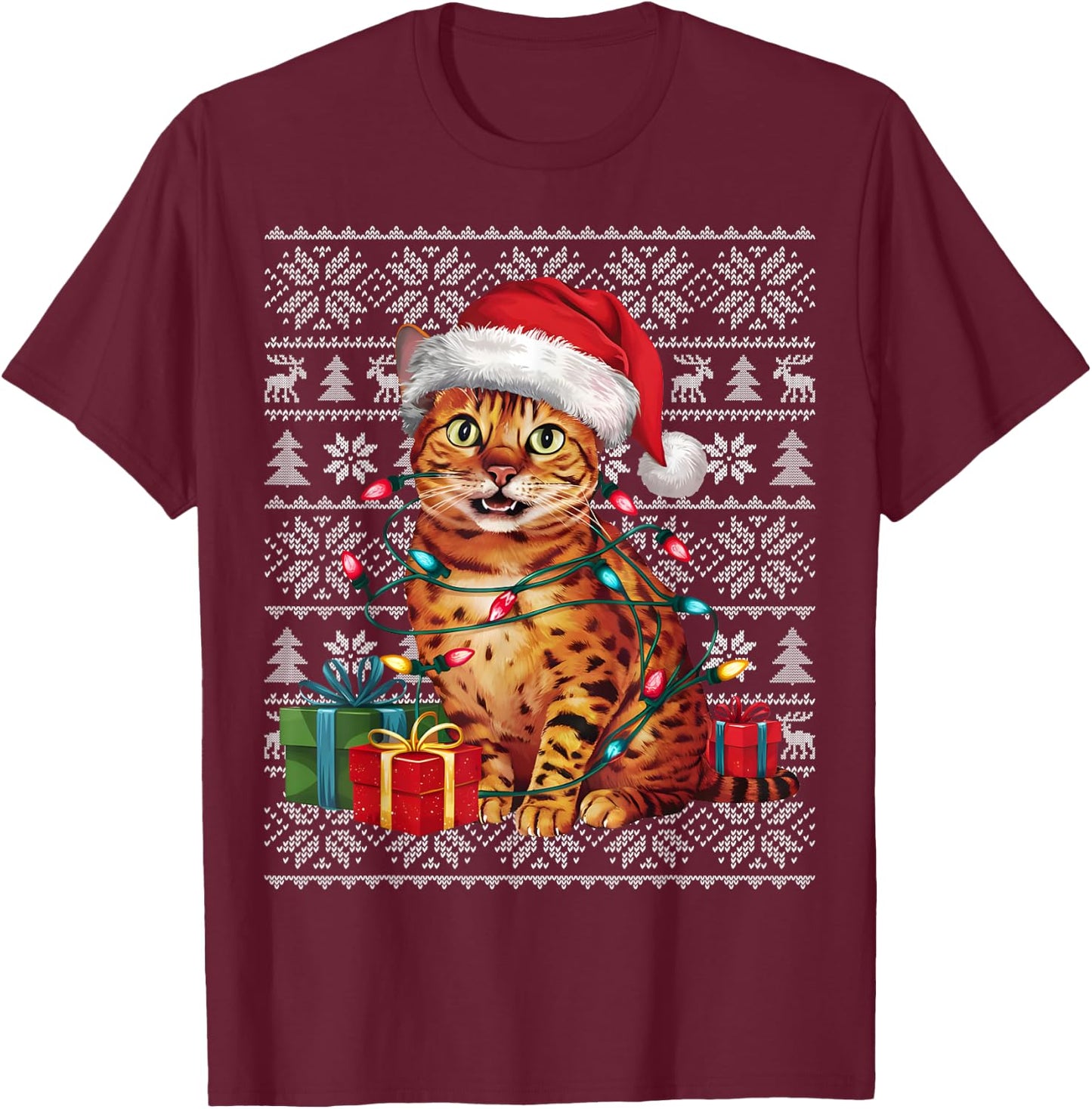 Xmas Sweater Style Ugly Santa Hat Bengal Cat Christmas Women Kids T-Shirt - T-Shirt | Maroon