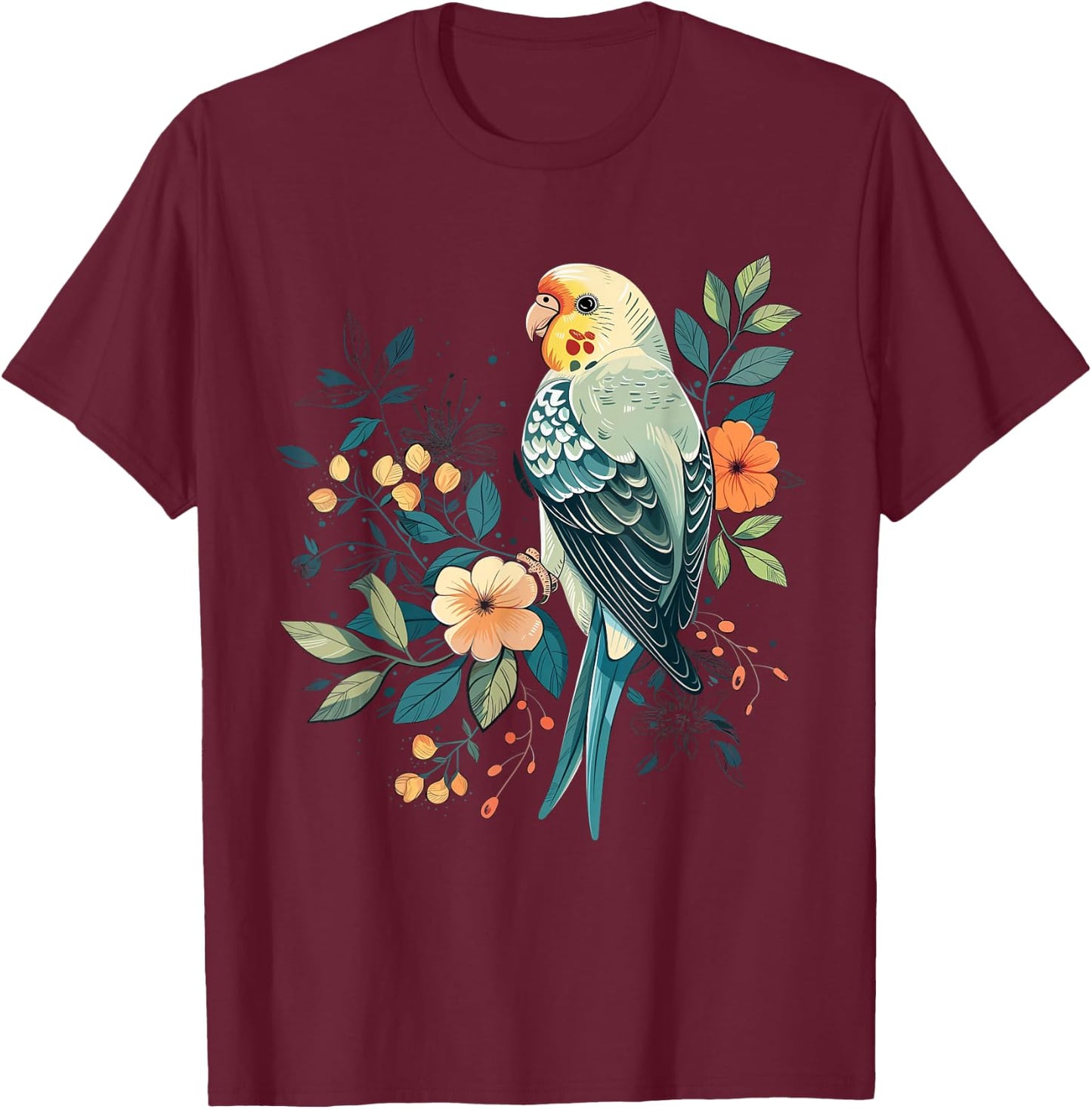 Budgie Parakeet Bird Mom Budgerigar Parrot Vintage Flower T-Shirt - T-Shirt | Maroon