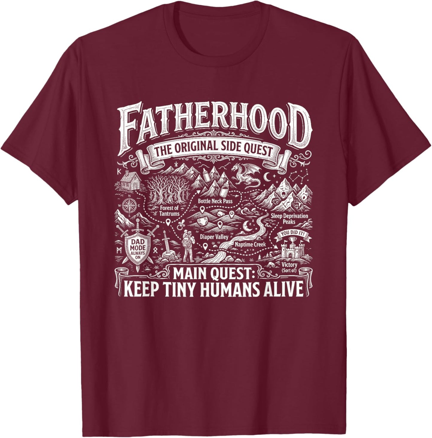 Fatherhood Side Quest Dad Life Sarcasm Fathers Day Humor Pun T-Shirt - T-Shirt | Maroon