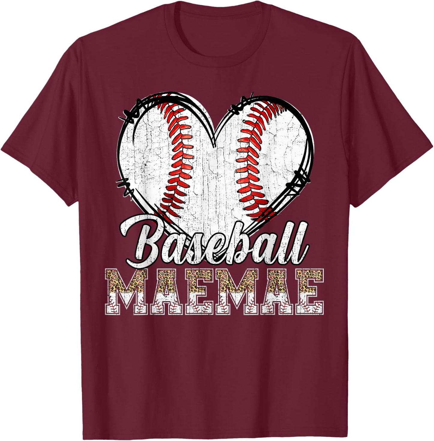 Softball Baseball Maemae Heart Leopard Print Mother's Day T-Shirt - T-Shirt | Maroon