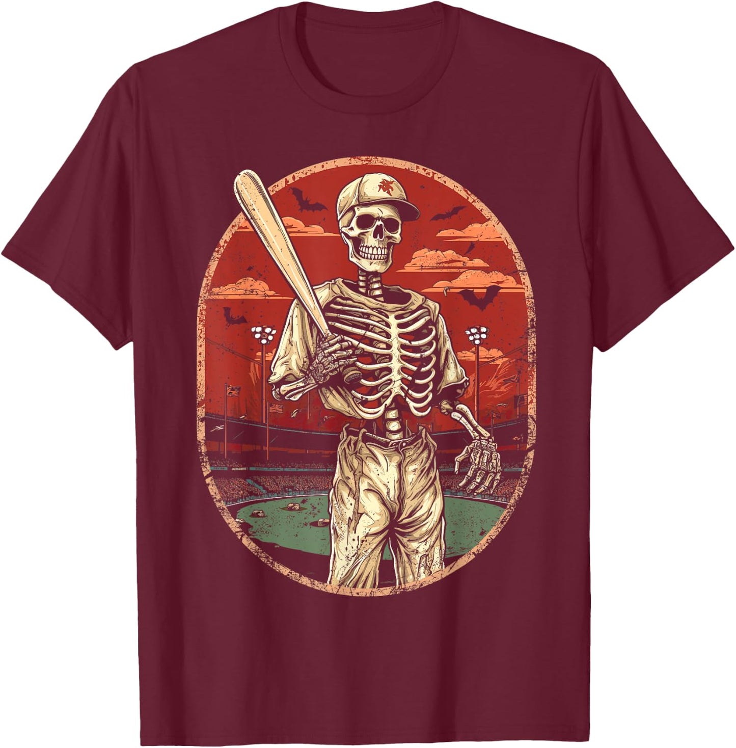Spooky Creepy Vintage Baseball Skeleton Halloween Men Boys T-Shirt - T-Shirt | Maroon