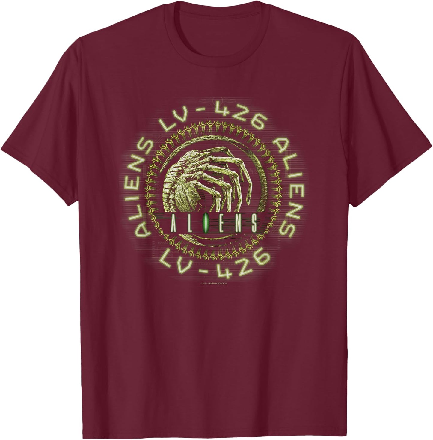 Aliens Lv-Fourtwentysix Facehugger Neon Big Chest Text Logo T-Shirt - T-Shirt | Maroon