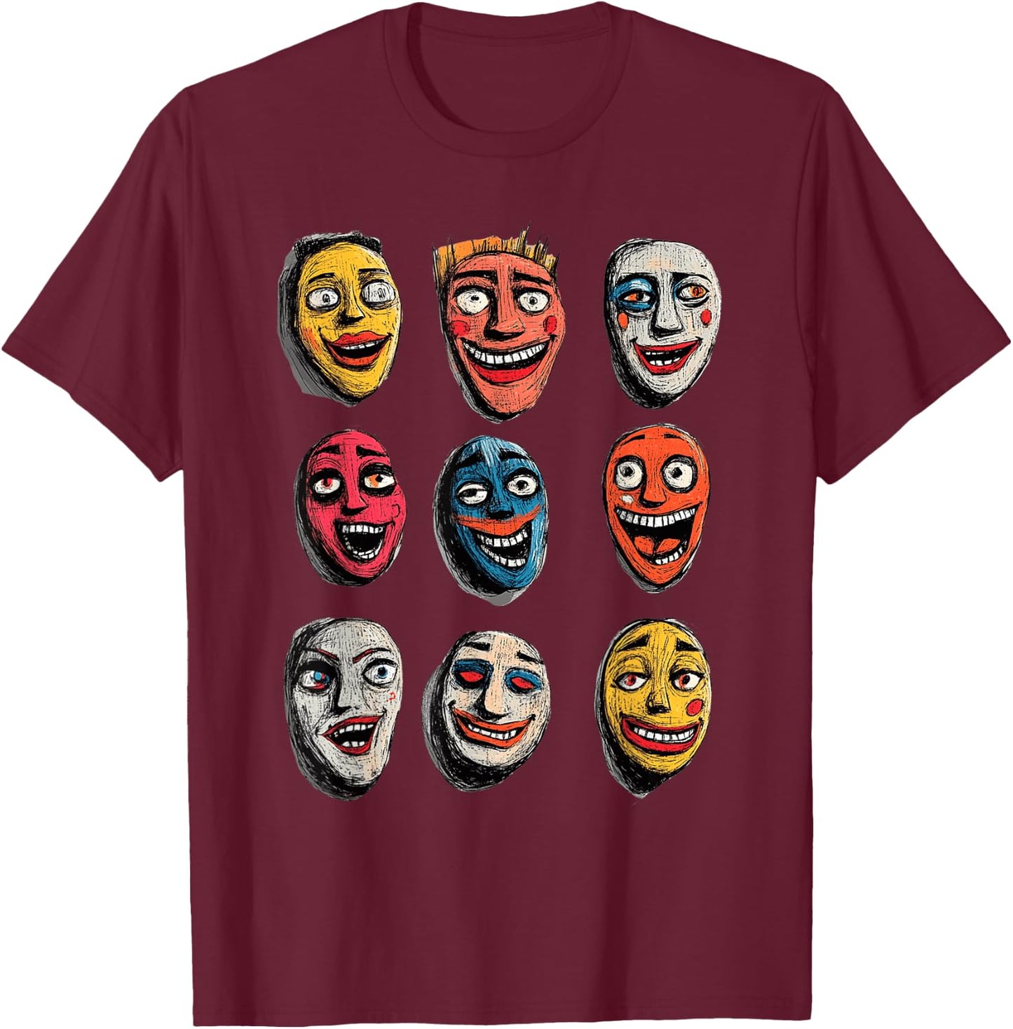 Colorful Mask Faces Artistic Expression T-Shirt - T-Shirt | Maroon