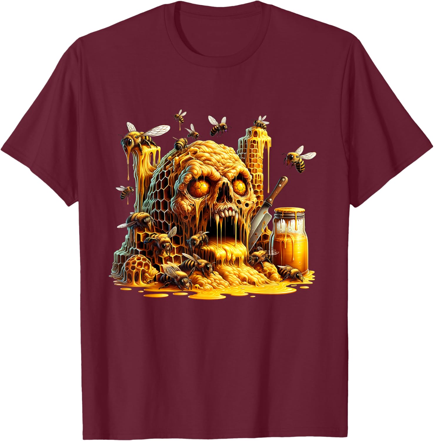 Honeycore - Grotesque skull with honey and bees T-Shirt - T-Shirt | Maroon