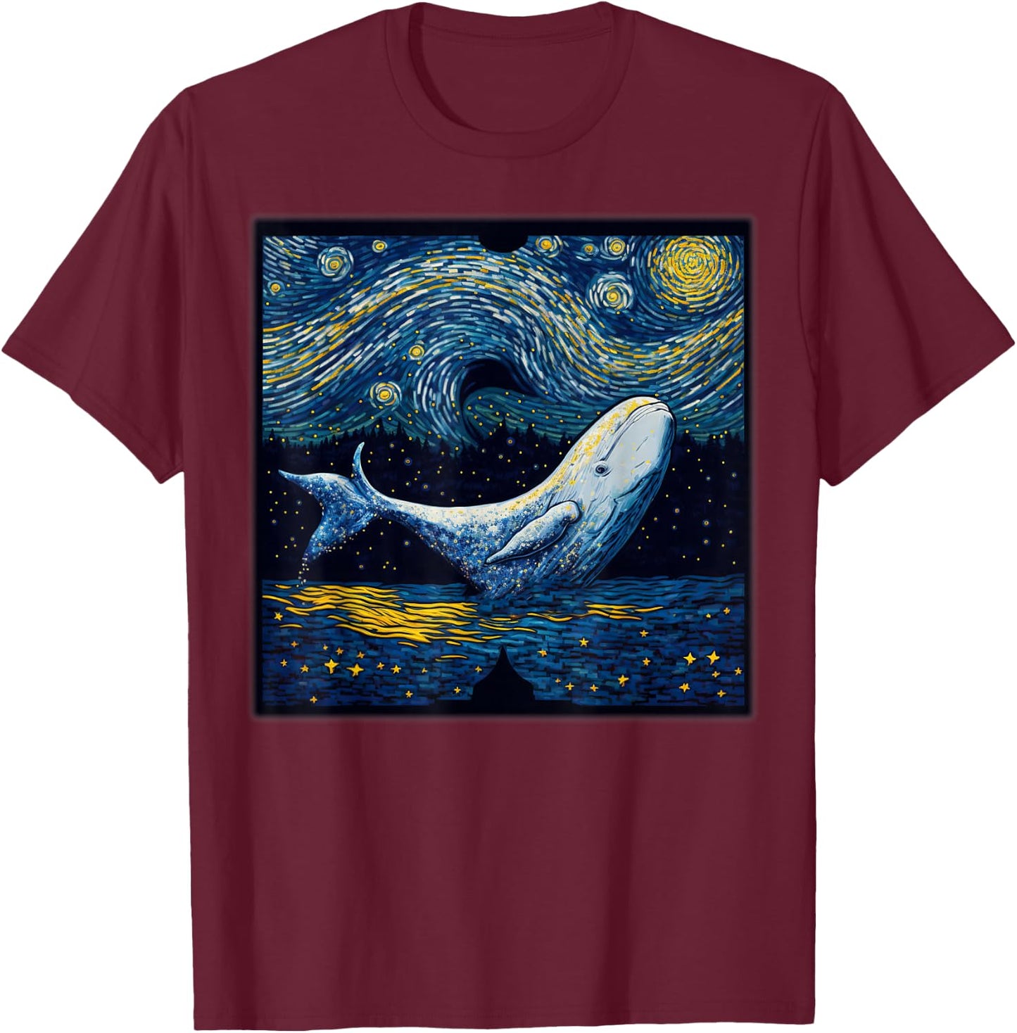Surrealism Starry Night Beluga Whale T-Shirt - T-Shirt | Maroon