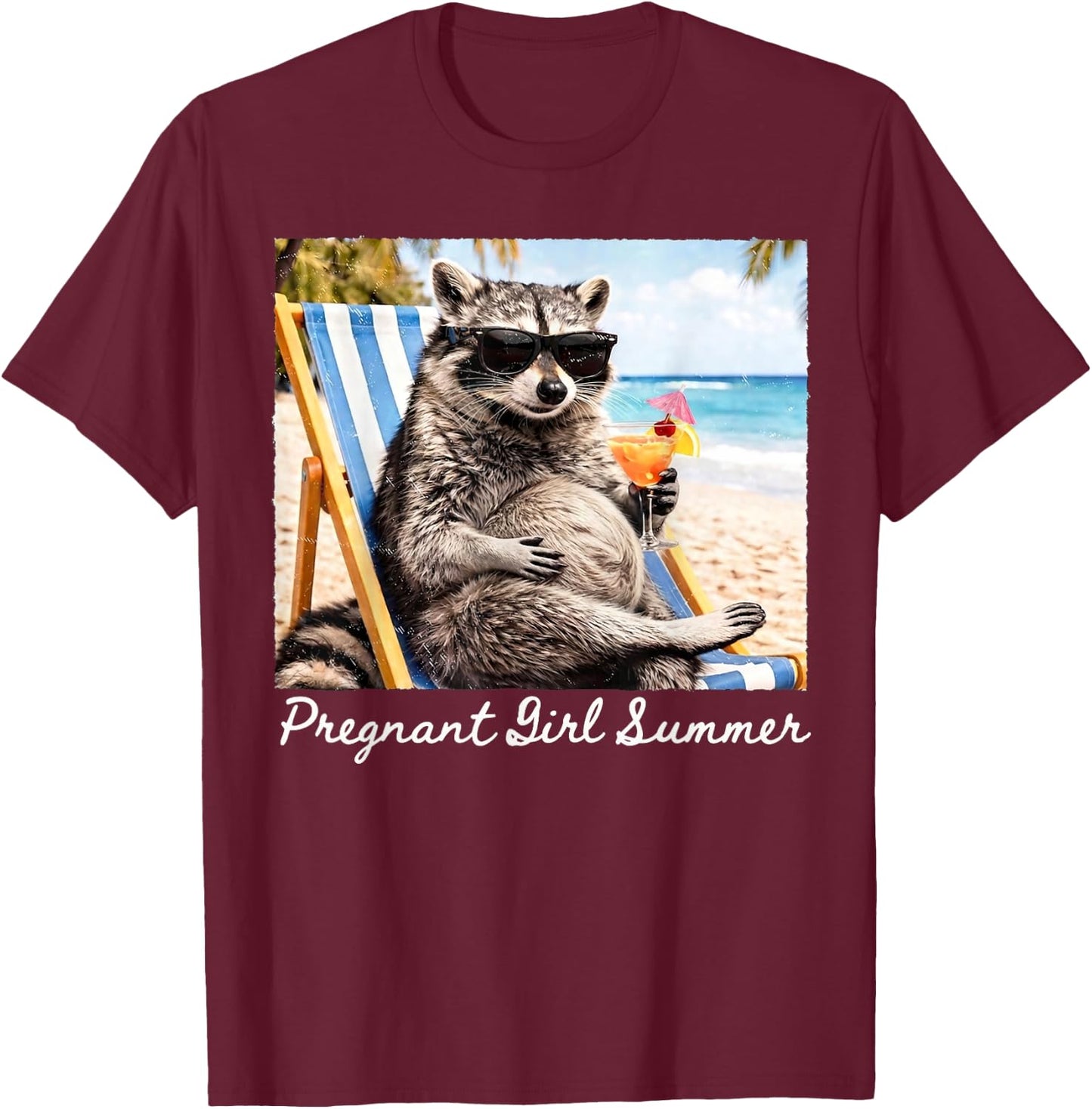 Pregnant Girl Summer Funny Baby Announcement Raccoon Mom T-Shirt - T-Shirt | Maroon