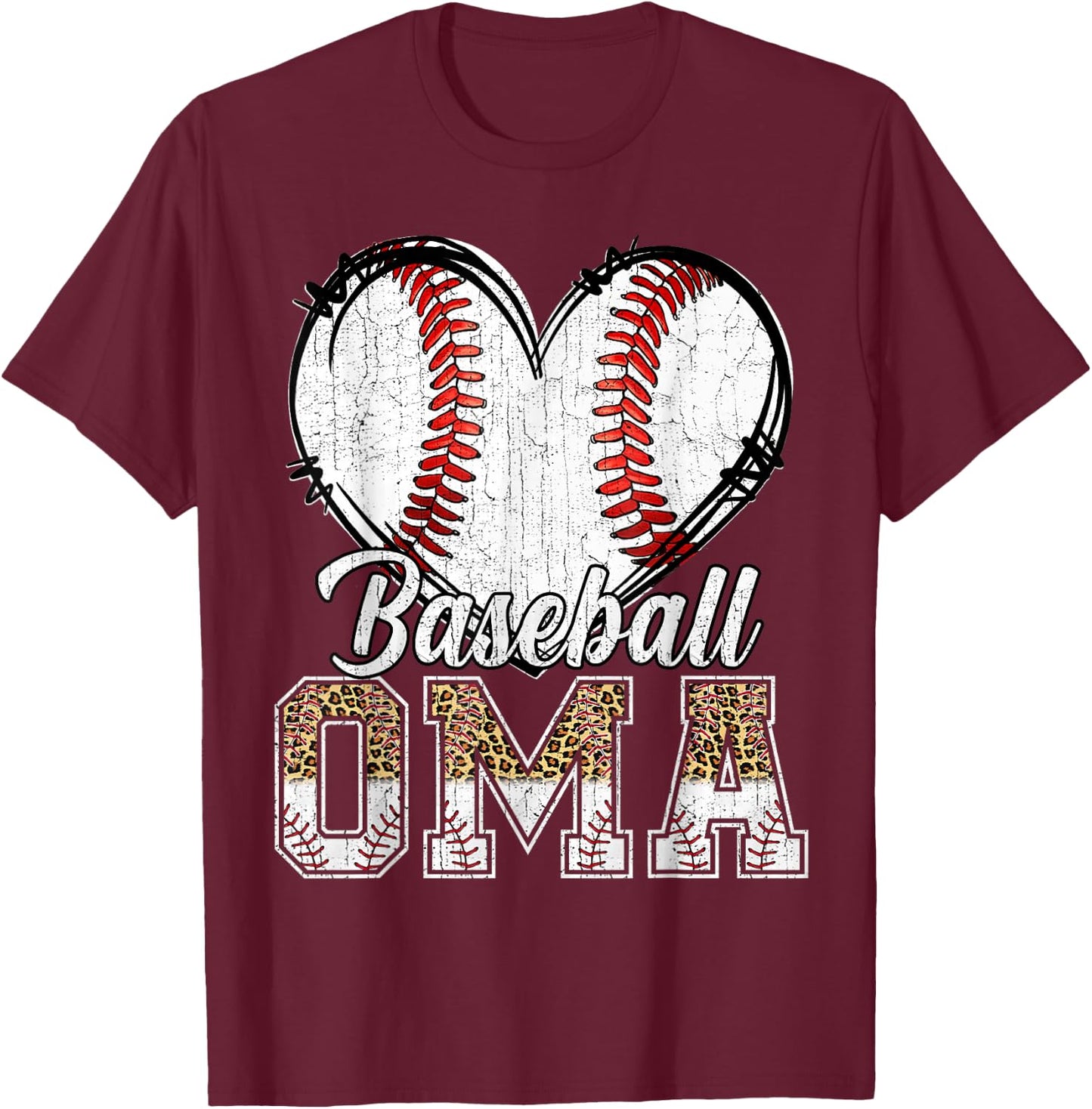 Softball Baseball Oma Heart Leopard Print Mother's Day T-Shirt - T-Shirt | Maroon