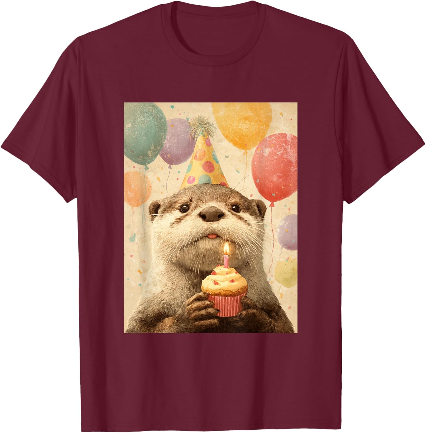 Otter Retro Art Print Birthday Party Balloons & Cupcake T-Shirt - T-Shirt | Maroon