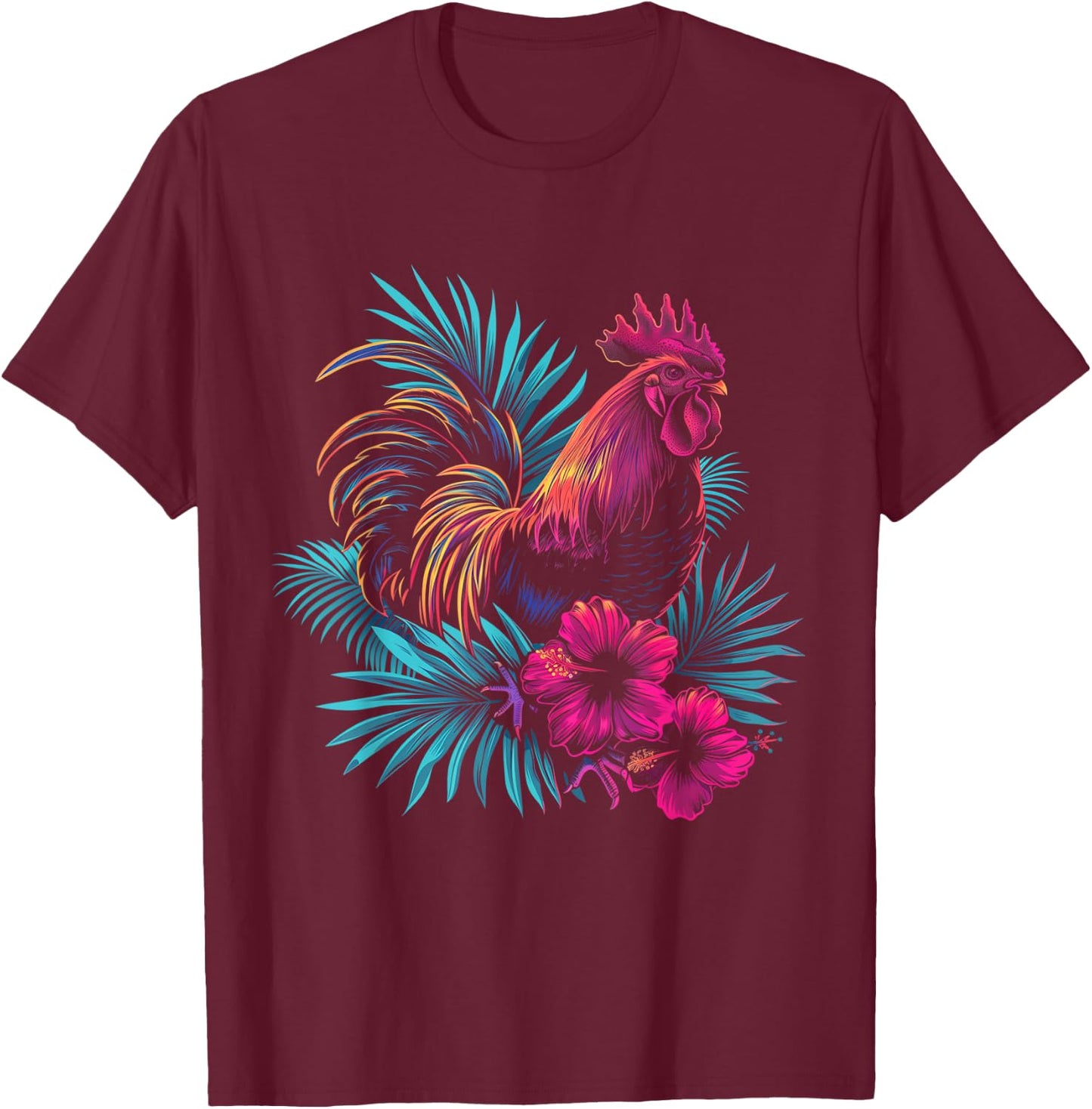 Chicken Hawaiian Flowers Rooster Kauai Hawaii Vintage T-Shirt - T-Shirt | Maroon