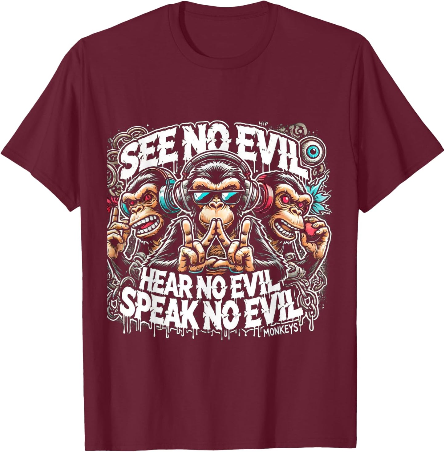 Three Wise Monkeys See No Evil Hear No Evil Speak No Evil T-Shirt - T-Shirt | Maroon