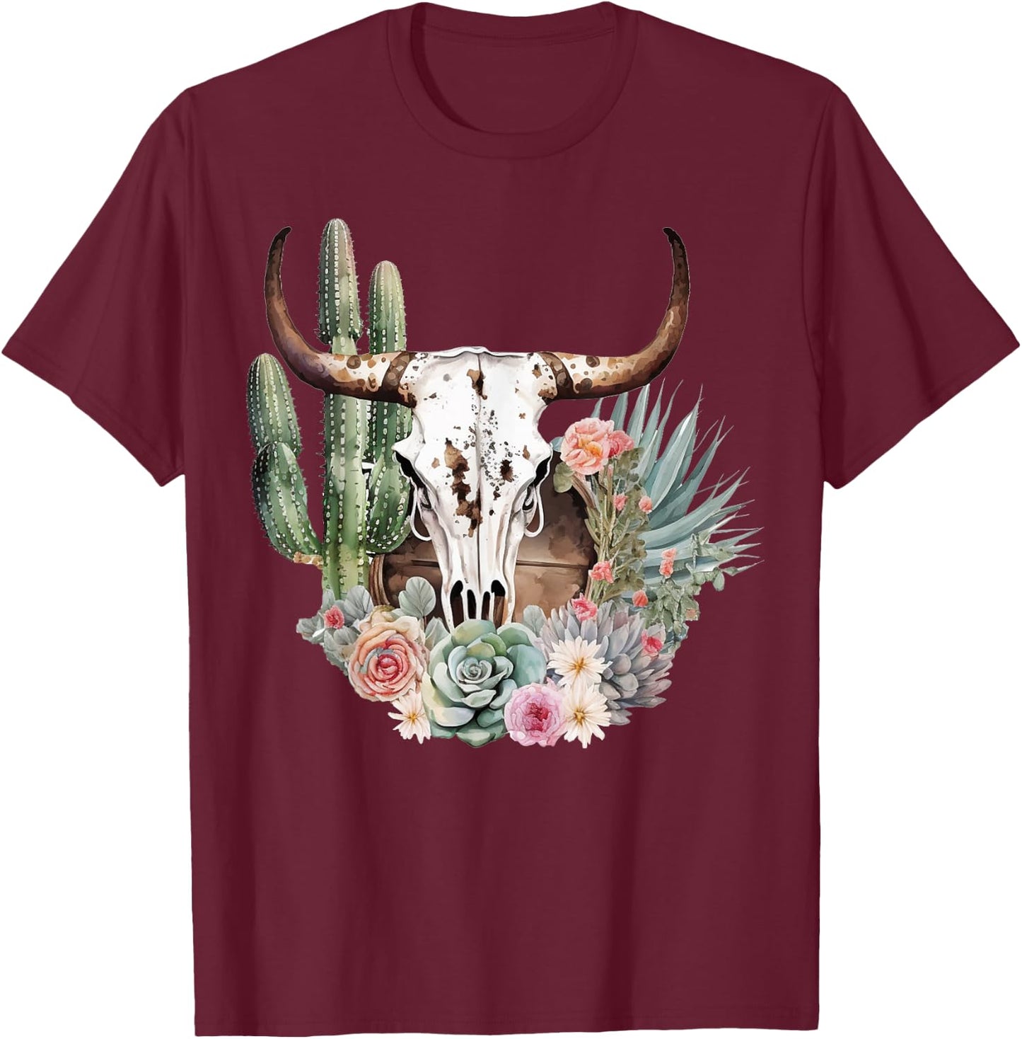 Western Boho Chic Longhorn Bull Skull Cactus Beige Pattern T-Shirt - T-Shirt | Maroon