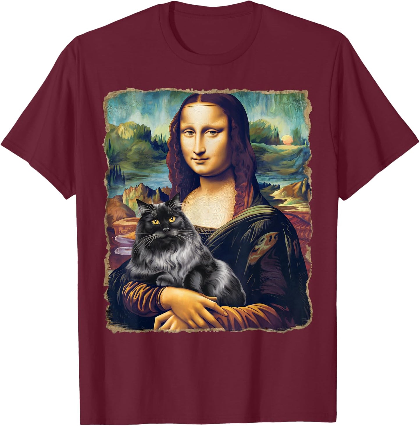 Black Cat Art Painting Apparel Gifts Graphic Mona Lisa Cat Art Funny for Cat Lovers, -Adults, Kids, Black, Small, Short Sleeve T-Shirt - T-Shirt | Maroon