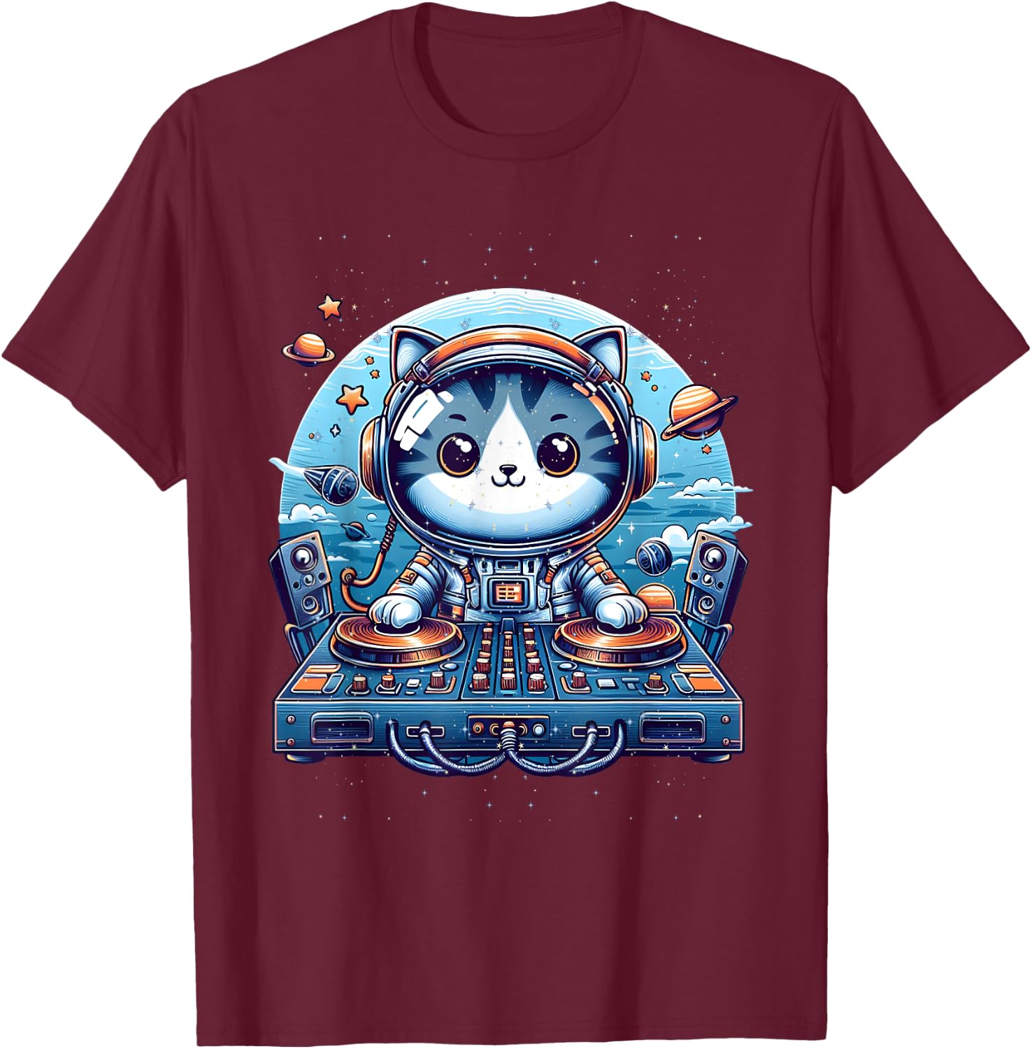 DJ Cat Cute Space Cat Disc Jockey Cat in Astronaut Suit T-Shirt - T-Shirt | Maroon