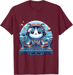 DJ Cat Cute Space Cat Disc Jockey Cat in Astronaut Suit T-Shirt - T-Shirt | Maroon
