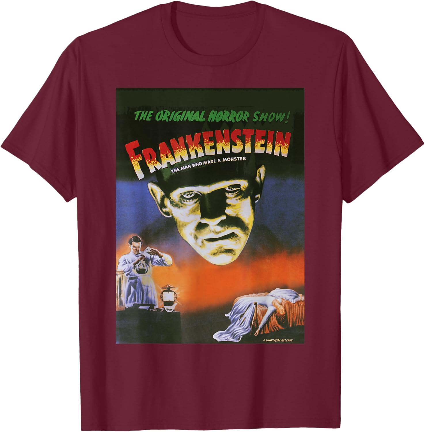 Universal Monsters Distressed Frankenstein Movie Poster T-Shirt - T-Shirt | Maroon