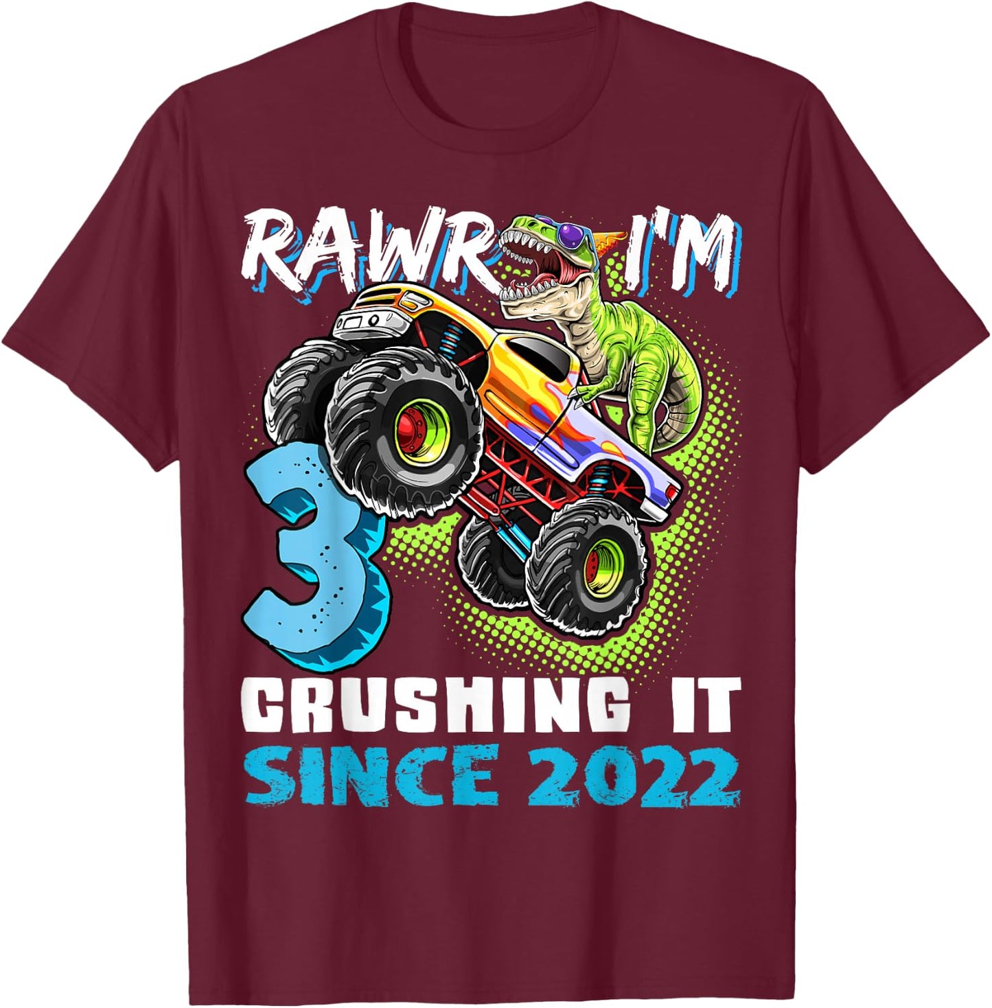 3rd Birthday Monster Truck Dinosaur Party Boys Rawr I'm 3 T-Shirt - T-Shirt | Maroon