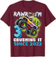 3rd Birthday Monster Truck Dinosaur Party Boys Rawr I'm 3 T-Shirt - T-Shirt | Maroon