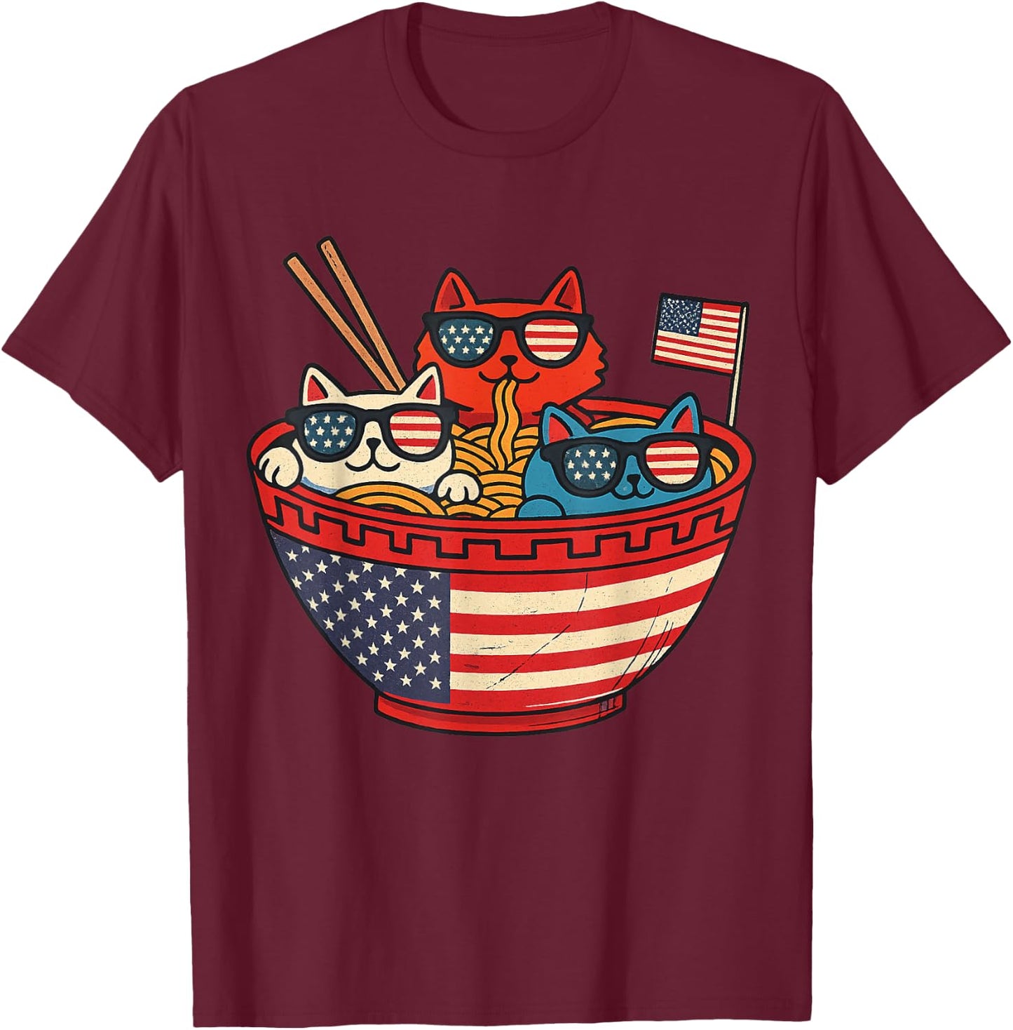 Cats Ramen Anime American Flag USA Funny 4th Of July Fourth T-Shirt - T-Shirt | Maroon
