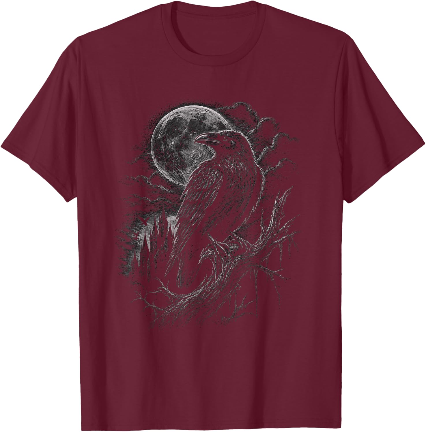 Gothic Crow with Moon Graphic Artwork Raven Design T-Shirt - T-Shirt | Maroon